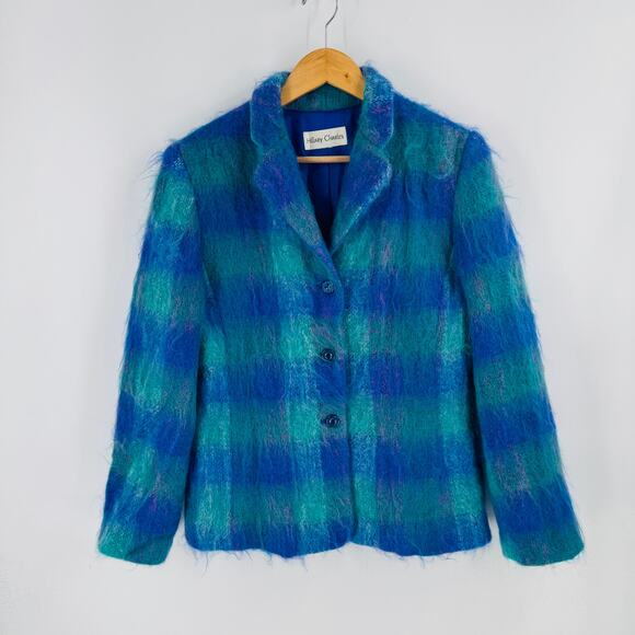 Vintage Hillary Charles Mohair Wool Blend Plaid Jacket Blue Green USA Made - Picture 8 of 10